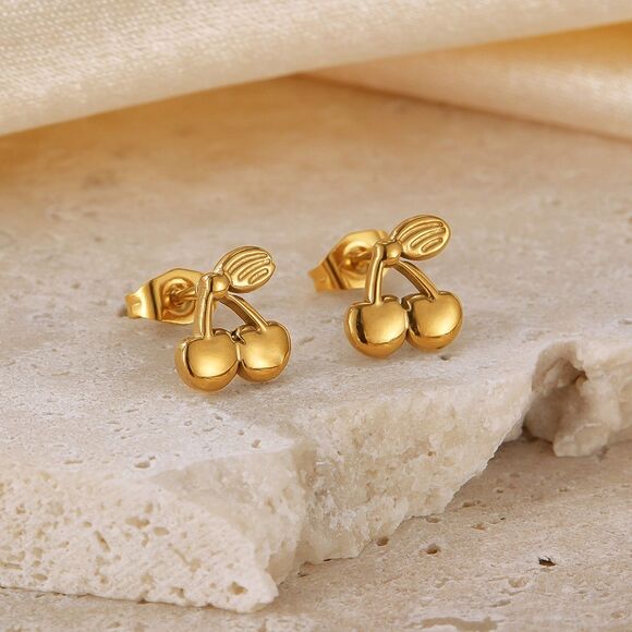 Dainty Cherry Gold Plating over Stainless Steel Ear Studs - Picture 1 of 7